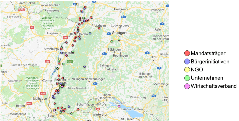 landkarte des Projektgebiets rund um Freiburg mit den Stationen der Amprion-Infotour