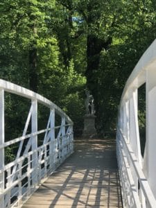 weiße Brücke, die in einen Wald führt