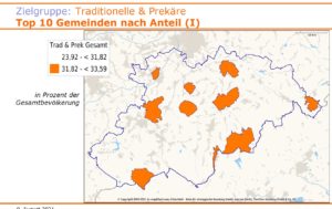 Landkarte: Impfquoten im Erzgebirgskreis - in welchen Regionen ist der Anteil an BürgerInnen des traditionellen und prekären Milieus besonders hoch?